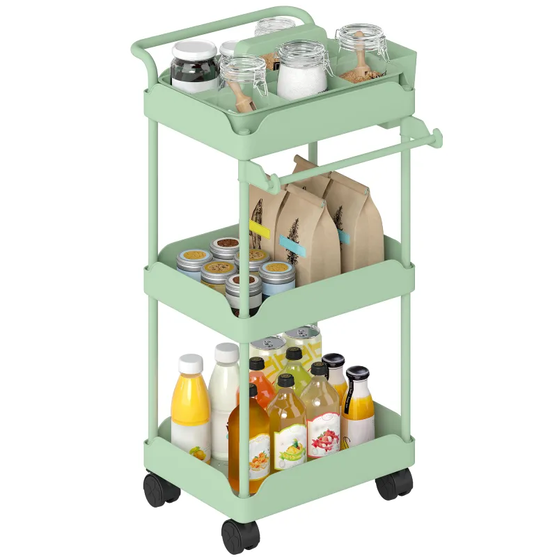 Carrito Auxiliar con Ruedas de 3 Niveles Carrito de Cocina con Cestas Extraíbles y Soporte para Toallas Verde