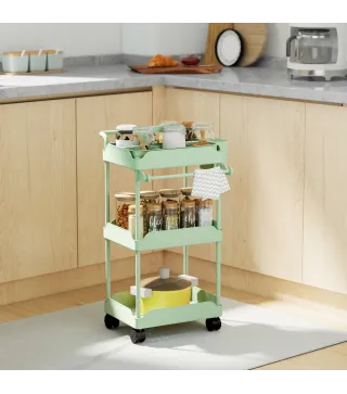 Carrito Auxiliar con Ruedas de 3 Niveles Carrito de Cocina con Cestas Extraíbles y Soporte para Toallas Verde