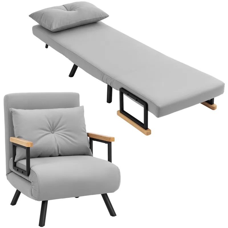 Sofá Cama Individual Plegable Sofá Cama Convertible 4 en 1 Respaldo Ajustable de 5 Niveles y Almohada 63x73x81 cm Gris