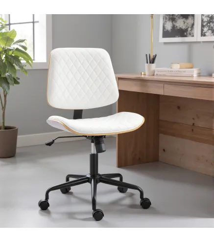 Silla de Escritorio sin Brazos Giratoria con Respaldo Curvado Asiento Forma U Altura Ajustable Basculante Blanco