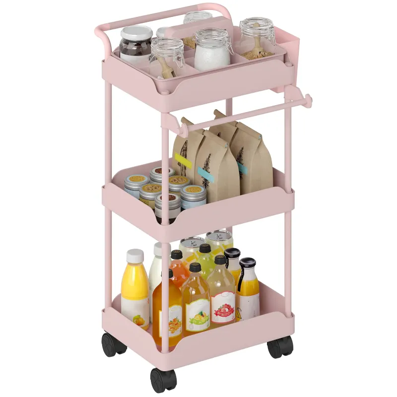 Carrito Auxiliar con Ruedas de 3 Niveles Carrito de Cocina con Cestas Extraíbles y Soporte para Toallas Rosa