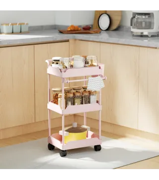 Carrito Auxiliar con Ruedas de 3 Niveles Carrito de Cocina con Cestas Extraíbles y Soporte para Toallas Rosa