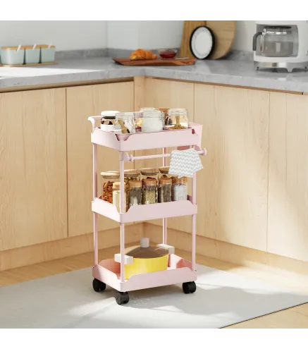 Carrito Auxiliar con Ruedas de 3 Niveles Carrito de Cocina con Cestas Extraíbles y Soporte para Toallas Rosa