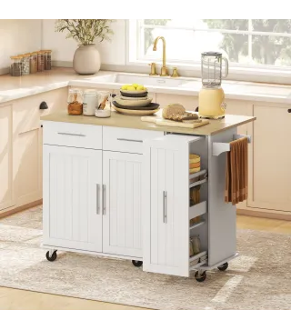 Isla de Cocina con Ruedas Encimera Plegable 2 Puertas con Cierre Suave Bandeja Extraíble 2 Cajones Blanco