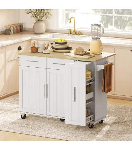 Isla de Cocina con Ruedas Encimera Plegable 2 Puertas con Cierre Suave Bandeja Extraíble 2 Cajones Blanco