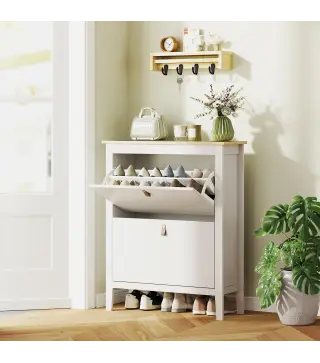 Zapatero Estrecho con 2 Compartimentos y Tiradores de Cuero PU para Pasillos y Recibidores 80x24x95,5 cm Blanco y Madera