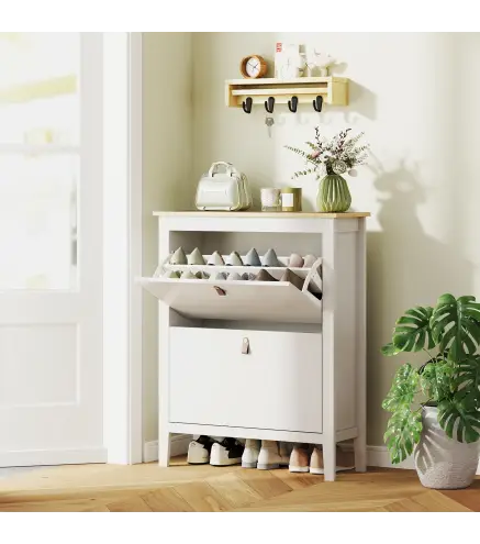 Zapatero Estrecho con 2 Compartimentos y Tiradores de Cuero PU para Pasillos y Recibidores 80x24x95,5 cm Blanco y Madera