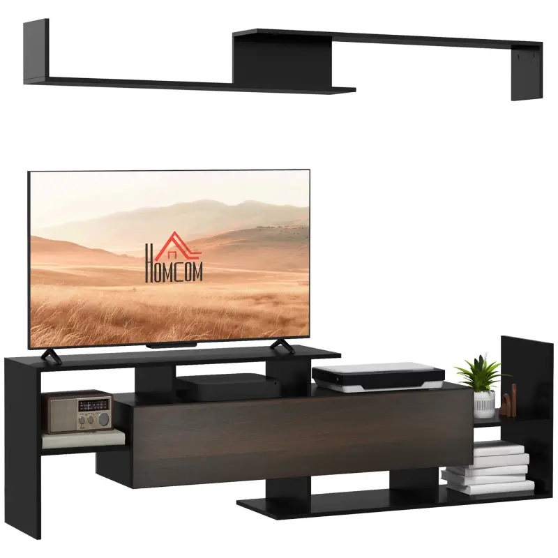Mueble de Salón para TV Conjunto Muebles de TV 153,6x25x42cm y Estante de Pared 150x14,5x16,3cm Negro y Marrón Mueble de Salón para TV Conjunto Muebles de TV 153,6x25x42cm y Estante de Pared 150x14,5x16,3cm Negro y Marrón