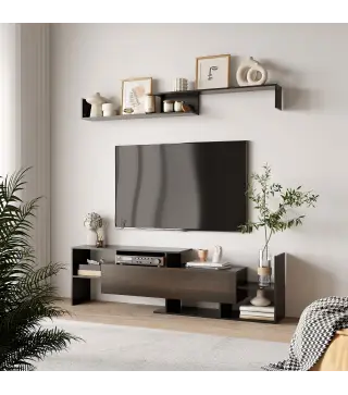 Mueble de Salón para TV Conjunto Muebles de TV 153,6x25x42cm y Estante de Pared 150x14,5x16,3cm Negro y Marrón