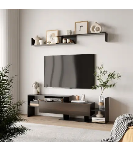 Mueble de Salón para TV Conjunto Muebles de TV 153,6x25x42cm y Estante de Pared 150x14,5x16,3cm Negro y Marrón
