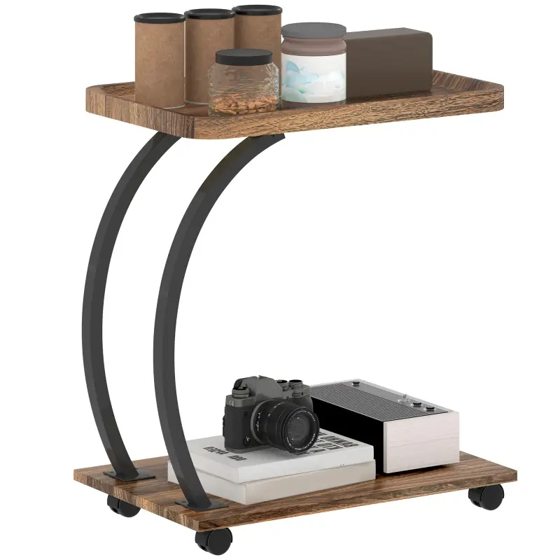 Mesa Auxiliar en Forma de C con Ruedas Bandeja Superior y Estante Inferior para Sofá o Cama 52x34x60 cm Marrón y Negro