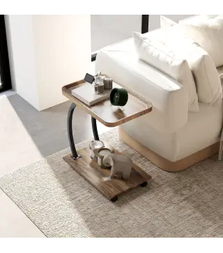 Mesa Auxiliar en Forma de C con Ruedas Bandeja Superior y Estante Inferior para Sofá o Cama 52x34x60 cm Marrón y Negro