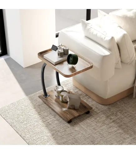 Mesa Auxiliar en Forma de C con Ruedas Bandeja Superior y Estante Inferior para Sofá o Cama 52x34x60 cm Marrón y Negro