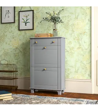 Mueble Zapatero Estrecho con 2 Puertas Abatibles y 1 Cajón para 8 Pares de Zapatos 60x23,5x98,5 cm Gris