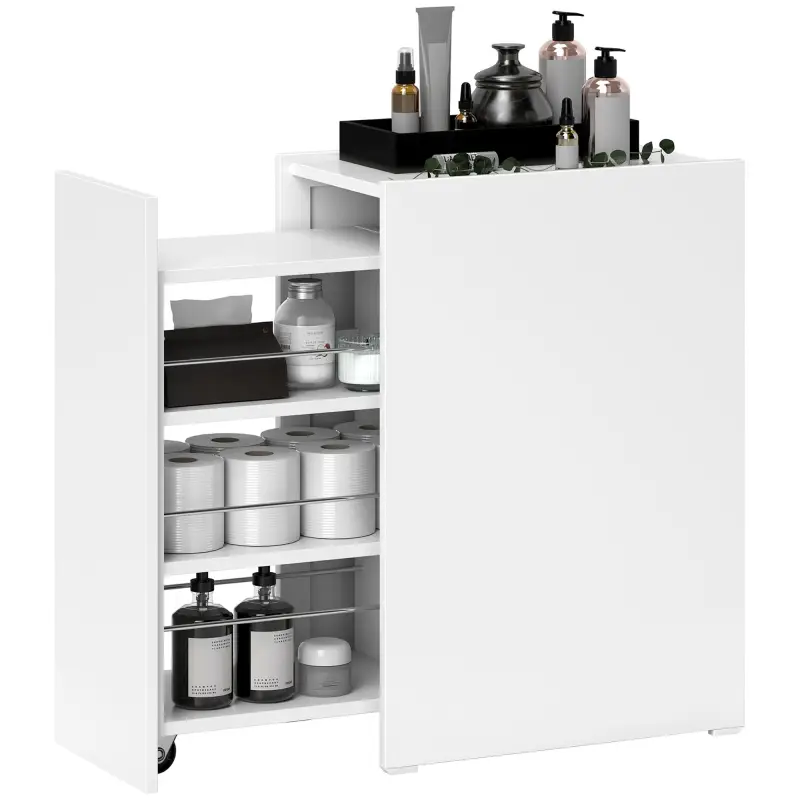 Mueble de Baño Estrecho con Cajón y Ruedas Organizador Independiente con 3 Compartimentos 47x30x66,5 cm Blanco