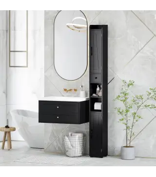 Columna de Baño con 2 Puertas Compartimento Abierto Estantes Ajustables y Portarrollos 20x20x185 cm Negro