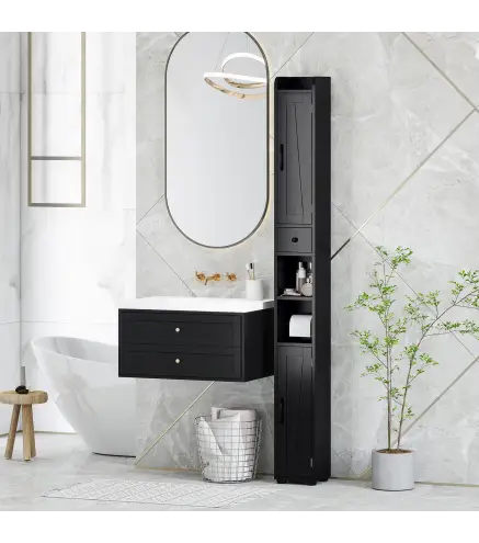 Columna de Baño con 2 Puertas Compartimento Abierto Estantes Ajustables y Portarrollos 20x20x185 cm Negro