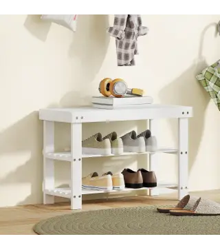 Banco Zapatero de Bambú con Asiento y 2 Estantes para 6 Pares para Entrada Salón Dormitorio 70x28x45 cm Blanco