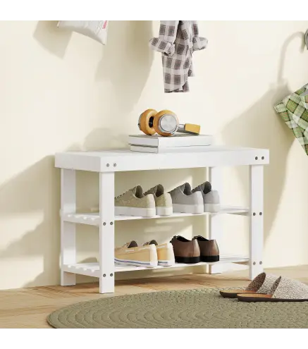 Banco Zapatero de Bambú con Asiento y 2 Estantes para 6 Pares para Entrada Salón Dormitorio 70x28x45 cm Blanco