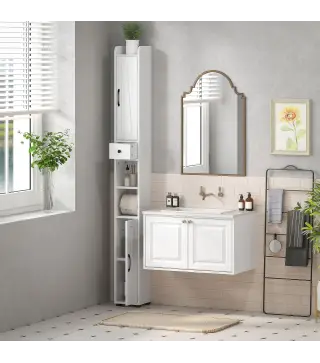 Columna de Baño con 2 Puertas Compartimento Abierto Estantes Ajustables y Portarrollos 20x20x185 cm Blanco