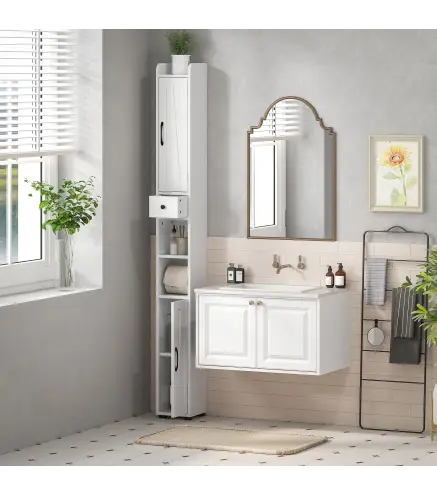 Columna de Baño con 2 Puertas Compartimento Abierto Estantes Ajustables y Portarrollos 20x20x185 cm Blanco