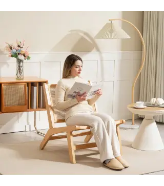 Butaca de Salón con Respaldo y Asiento Amplio de Ratán Marco de Madera para Dormitorio Sala de Estar Natural