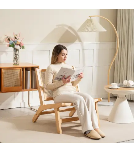 Butaca de Salón con Respaldo y Asiento Amplio de Ratán Marco de Madera para Dormitorio Sala de Estar Natural