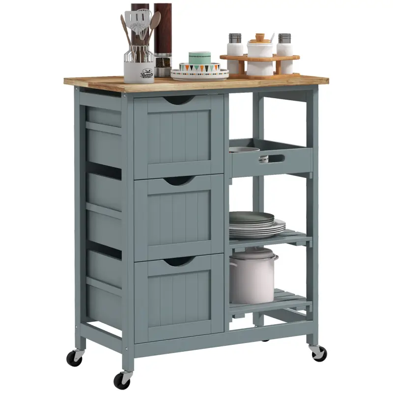 Carrito Auxiliar con Ruedas Carrito de Cocina con 3 Cajones 2 Estantes Abiertos y Bandeja Extraíble 67x37x85,5 cm Gris Carrito Auxiliar con Ruedas Carrito de Cocina con 3 Cajones 2 Estantes Abiertos y Bandeja Extraíble 67x37x85,5 cm Gris
