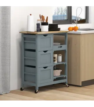 Carrito Auxiliar con Ruedas Carrito de Cocina con 3 Cajones 2 Estantes Abiertos y Bandeja Extraíble 67x37x85,5 cm Gris