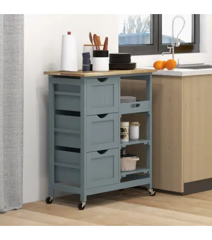 Carrito Auxiliar con Ruedas Carrito de Cocina con 3 Cajones 2 Estantes Abiertos y Bandeja Extraíble 67x37x85,5 cm Gris