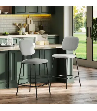 Conjunto de 2 Taburetes de Bar con Respaldo Tapizado Aterciopelado y Estructura de Acero 45x49x102 cm Gris Claro
