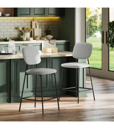 Conjunto de 2 Taburetes de Bar con Respaldo Tapizado Aterciopelado y Estructura de Acero 45x49x102 cm Gris Claro