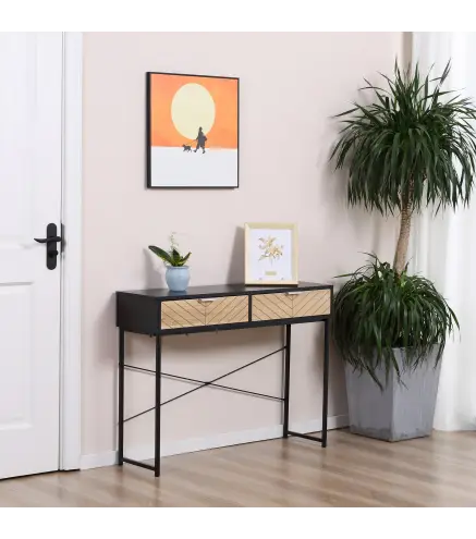 Mesa de Consola Estrecha con 2 Cajones Diseño de Líneas Talladas Estilo Moderna Negro y Roble