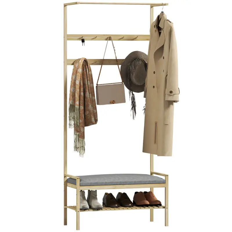 Perchero Zapatero con Banco Ganchos Zapatero y Compartimento de Almacenaje para Entrada 73,5x34x171 cm Gris y Natural Perchero Zapatero con Banco Ganchos Zapatero y Compartimento de Almacenaje para Entrada 73,5x34x171 cm Gris y Natural