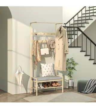 Perchero Zapatero con Banco Ganchos Zapatero y Compartimento de Almacenaje para Entrada 73,5x34x171 cm Gris y Natural