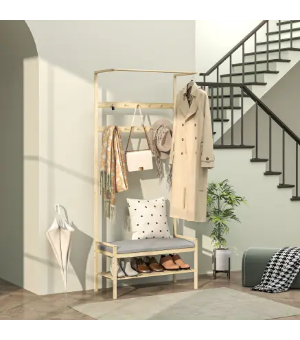 Perchero Zapatero con Banco Ganchos Zapatero y Compartimento de Almacenaje para Entrada 73,5x34x171 cm Gris y Natural