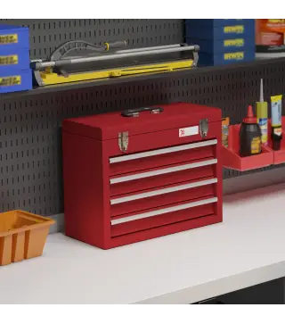 Caja de Herramientas de Acero con 4 Cajones Bandeja Tapa Abatible y Cierres Metálicos 51x22x39,5 cm Rojo