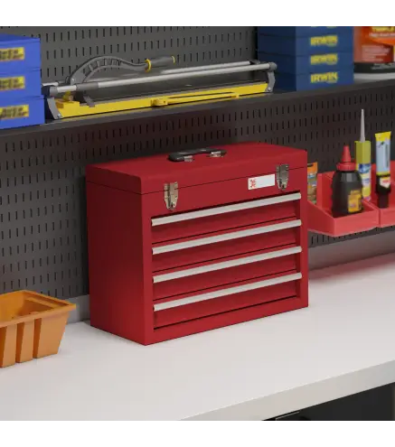 Caja de Herramientas de Acero con 4 Cajones Bandeja Tapa Abatible y Cierres Metálicos 51x22x39,5 cm Rojo