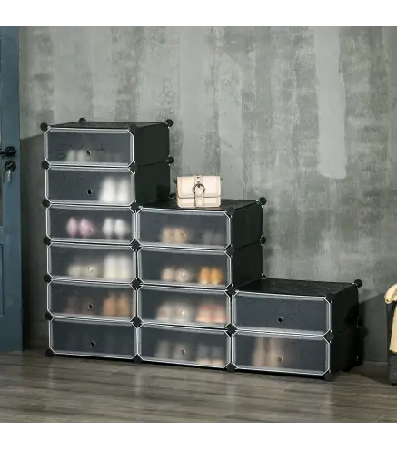 Armario Modular para Zapatos de Plástico con 12 Cubos Puertas y Conectores Diseño DIY para Entrada o Dormitorio Negro