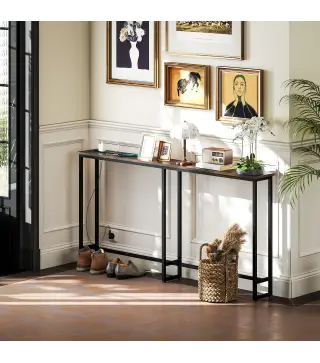 Mesa Consola Estrecha con Estación de Carga Diseño Industrial Estructura de Acero 160x20x80 cm Marrón Rústico