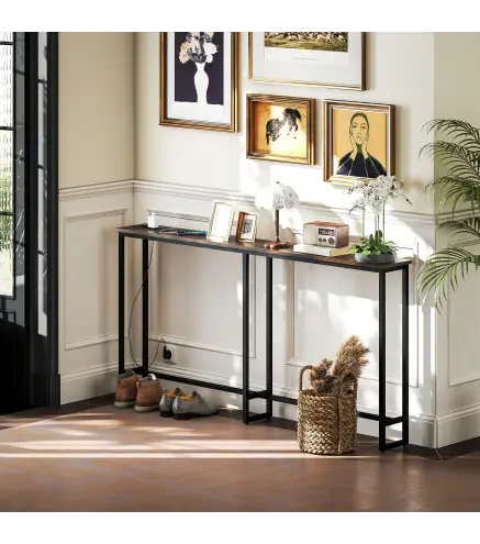 Mesa Consola Estrecha con Estación de Carga Diseño Industrial Estructura de Acero 160x20x80 cm Marrón Rústico