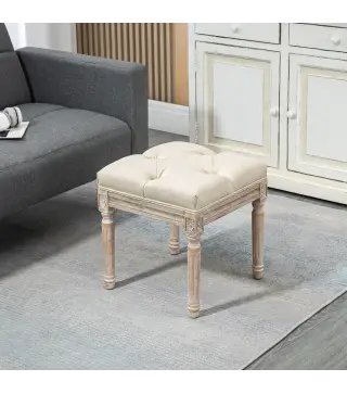 Reposapiés de Salón con Asiento Capitoné y Patas Talladas de Madera Estilo Vintage para Dormitorio 40x40x43 cm Beige