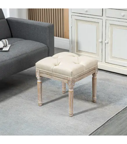 Reposapiés de Salón con Asiento Capitoné y Patas Talladas de Madera Estilo Vintage para Dormitorio 40x40x43 cm Beige
