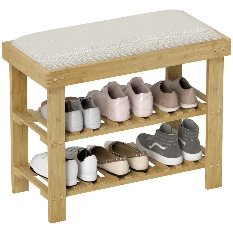 Banco Zapatero de Bambú con Cojín Zapatero de 2 Niveles para Entrada Pasillo o Dormitorio 60x29x49 cm Crema