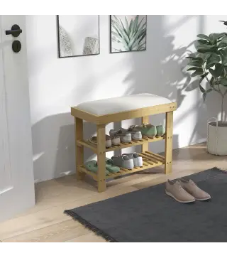Banco Zapatero de Bambú con Cojín Zapatero de 2 Niveles para Entrada Pasillo o Dormitorio 60x29x49 cm Crema