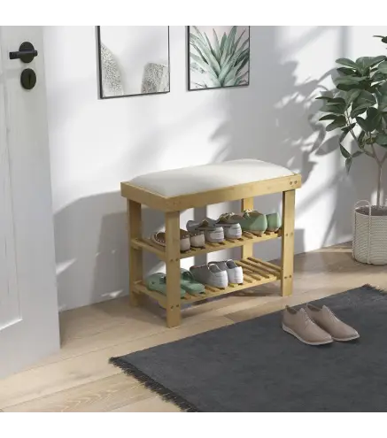 Banco Zapatero de Bambú con Cojín Zapatero de 2 Niveles para Entrada Pasillo o Dormitorio 60x29x49 cm Crema