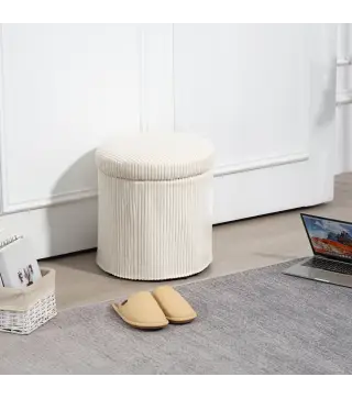 Puff con Almacenaje Redondo Tapizado en Pana con Estructura de Acero Estable y Acolchado Suave Ø40x41 cm Beige