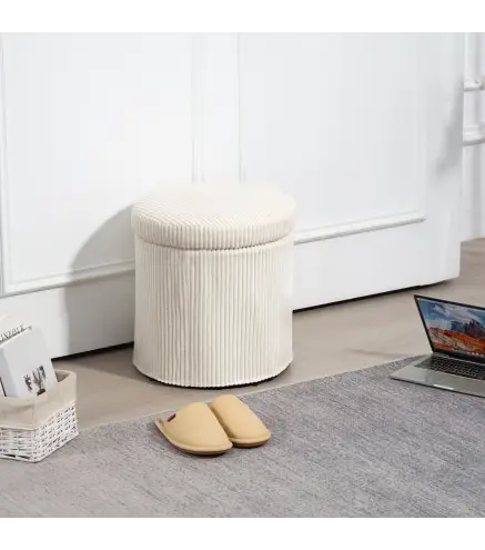 Puff con Almacenaje Redondo Tapizado en Pana con Estructura de Acero Estable y Acolchado Suave Ø40x41 cm Beige