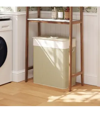 Cesto de Ropa Sucia de Bambú con 2 Compartimentos Asas para Facilitar el Uso y Bolsas Desmontables Lavables 52x32x63 cm