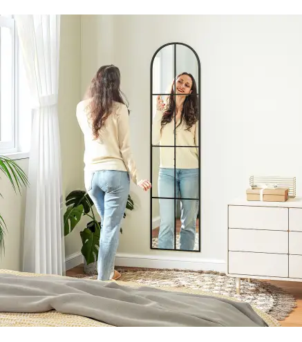 Espejo de Pared de Cuerpo Entero con Diseño Arqueado y Marco de Metal para Dormitorio o Recibidor 40x160 cm Negro